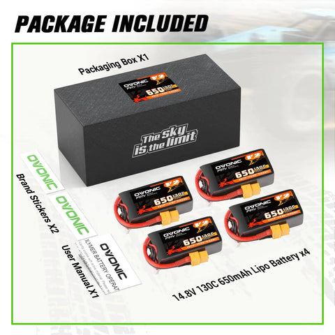 4S 650mAh LiPo Battery 14.8V 130C With XT60 Plug For RC Cars Trucks Boats Drones Planes Quadcopters FPV Racing 4 Pack Batteries