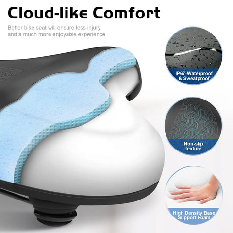 Oversized Extra Wide Bike Seat For Women And Men, All Day Comfy Saddle with waterproof cover and non-slip base shown