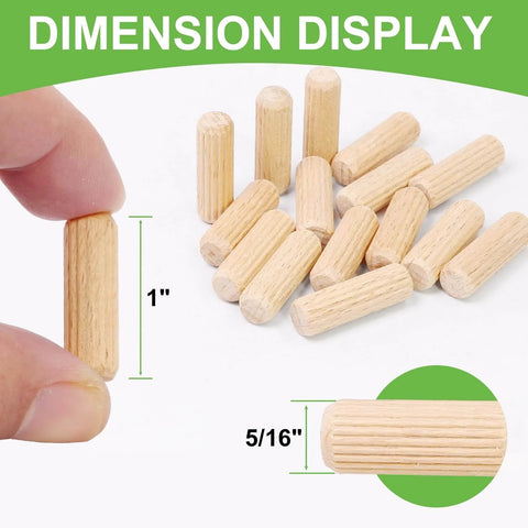 Five Sixteenths Inch By One Inch Wooden Dowel Pins, Natural Beech Wood Fluted Rods for Crafts and Woodworking, shown with dimensions