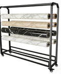 Heavy Duty Rock Solid Fabric Roll Storage Rack With Adjustable Hanging Rod For Hassle Free Mobile Sample Organizer Of Vinyl Leather And Wallpaper Displays with rolls of marble-patterned wallpaper.