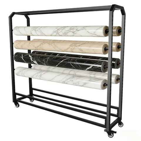 Heavy Duty Rock Solid Fabric Roll Storage Rack With Adjustable Hanging Rod For Hassle Free Mobile Sample Organizer Of Vinyl Leather And Wallpaper Displays with rolls of marble-patterned wallpaper.