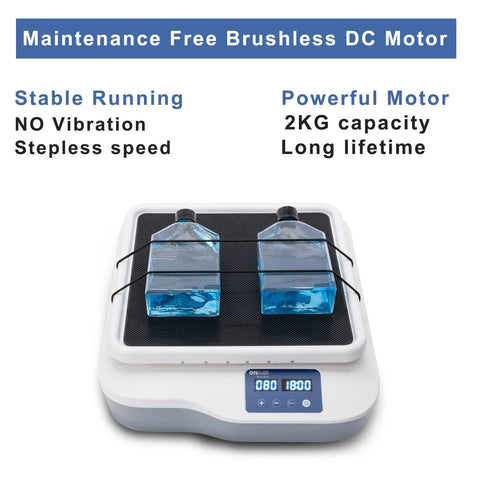 Digital Orbital Shaker With Adjustable Speed From 40 To 200 RPM And 2 Kg Capacity showing LED display and platform with bottles