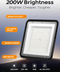 Upgraded Square UFO LED High Bay Lights 200W With 30000LM 5000K Daylight, showcasing brightness and features, front view.