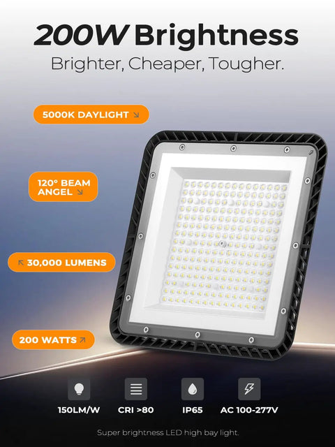 Upgraded Square UFO LED High Bay Lights 200W With 30000LM 5000K Daylight, showcasing brightness and features, front view.