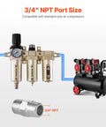 Pro Grade 3/4 Inch NPT Air Compressor Filter Regulator With 3-Stage Filtration connected to air compressor tank