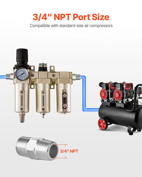 Pro Grade 3/4 Inch NPT Air Compressor Filter Regulator With 3-Stage Filtration connected to air compressor tank