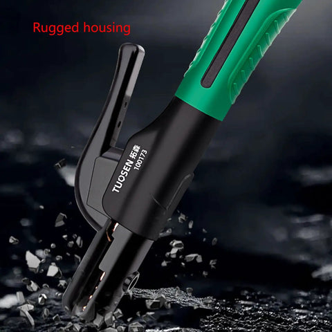 Cool Welding Electrode Holder Pliers With Non Slip Handle Heavy Duty Clamp Rated For 800 Amps close-up showing insulated grip and rugged design.