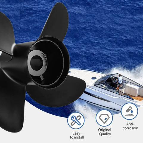 14X21 4-Blade Aluminum Boat Propeller 15 Spline RH for Mercury Outboard 135-300 HP shown with boat and icons