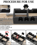 Versatile Aluminum Door Hinge Mortise Jig for Quick and Precise Hinge Installation with procedure for use instructions displayed.