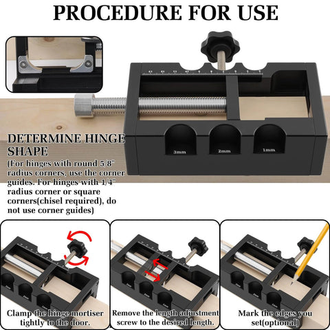 Versatile Aluminum Door Hinge Mortise Jig for Quick and Precise Hinge Installation with procedure for use instructions displayed.