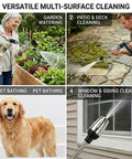 Four images showing Handheld Pressure Washer Wand with 360 Degree Rotating Nozzle used for gardening, cleaning patios, pet bathing, and windows.
