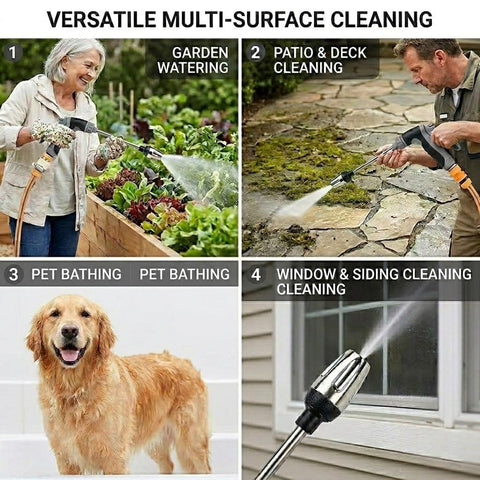 Four images showing Handheld Pressure Washer Wand with 360 Degree Rotating Nozzle used for gardening, cleaning patios, pet bathing, and windows.
