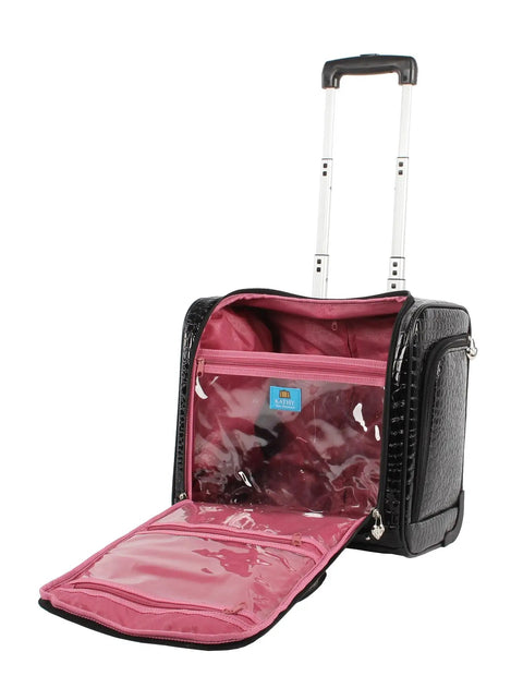 Underseat Luggage Bag With Croco PVC Finish 15 Inch Carry On For Women Lightweight Travel Buddy With 2 Spinner Wheels open view