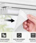 Hella Soft And Totally Sleek 4 Pack Panel Track Blind Replacement Fabric Offering No Sweat Window Upgrades With Seamless Light Filtering And Premium Semi Sheer Polyester Coverage showing hand attaching fabric.