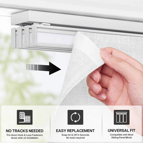 Hella Soft And Totally Sleek 4 Pack Panel Track Blind Replacement Fabric Offering No Sweat Window Upgrades With Seamless Light Filtering And Premium Semi Sheer Polyester Coverage showing hand attaching fabric.