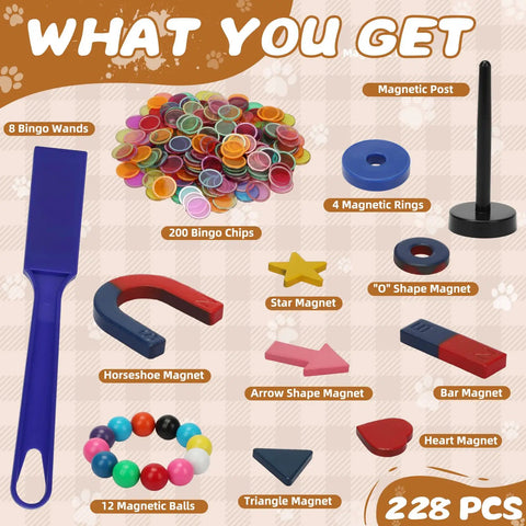 228 Piece Magnetic Science Kit For Kids With Magnetic Balls Chips And Wands 7 Shaped Magnets And Post With Rings Display