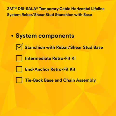 Rugged Steel Horizontal Lifeline System With Plug And Play Stanchion Base For Rebar Or Shear Stud Anchors, components checklist on yellow background.