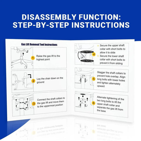 Instruction manual for Heavy Duty 28mm Gas Lift Cylinder Removal Kit For Office Chairs, including assembly steps and diagrams.