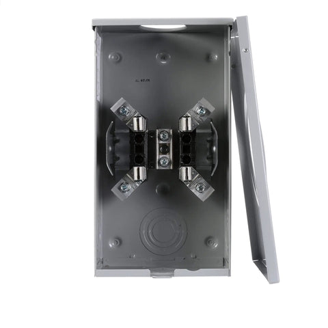 Beefy 200 Amp Meter Socket With Ringless Cover 4 Jaw Overhead Feed For Electrical Meter Mount Continuous 200 Amp Service 250 Amp Maximum Rating RX Type Hubs 350 Kcmil Lug Capacity Ground And Neutral Lugs