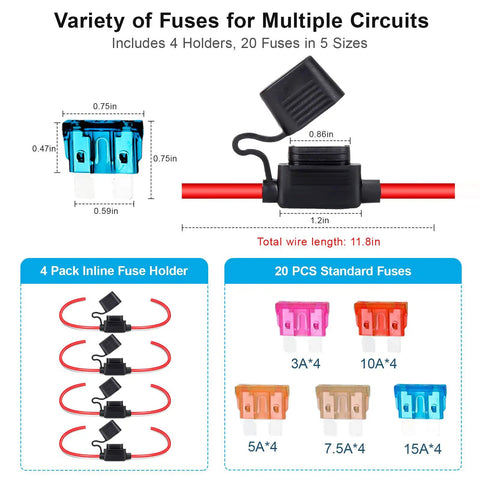 Four Pack 16 AWG Inline Fuse Holder Kit Waterproof Plug And Play 12V And 24V Automotive Fuse Holder with fuse sizes diagram