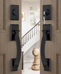 Matte Black Double Front Door Lock Set With Reversible Lever Handle And Dummy Door Handle in modern entryway