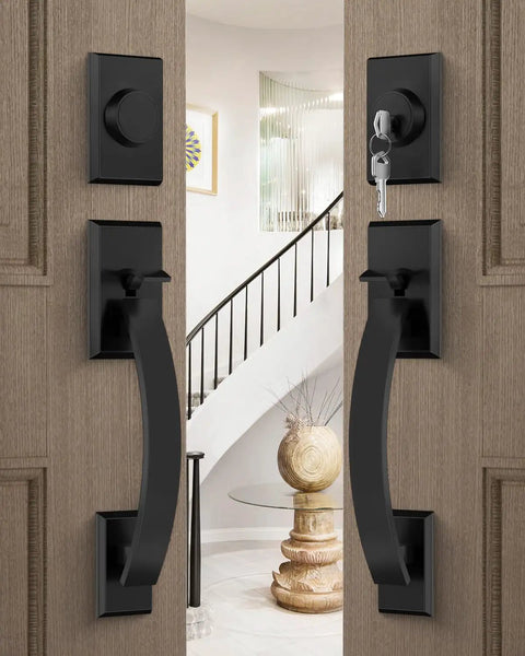Matte Black Double Front Door Lock Set With Reversible Lever Handle And Dummy Door Handle in modern entryway