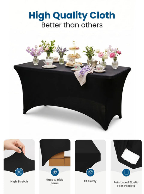 Black spandex tablecloth covering a 6ft table with flower arrangements and dishes for events, weddings, featuring secure leg pockets.