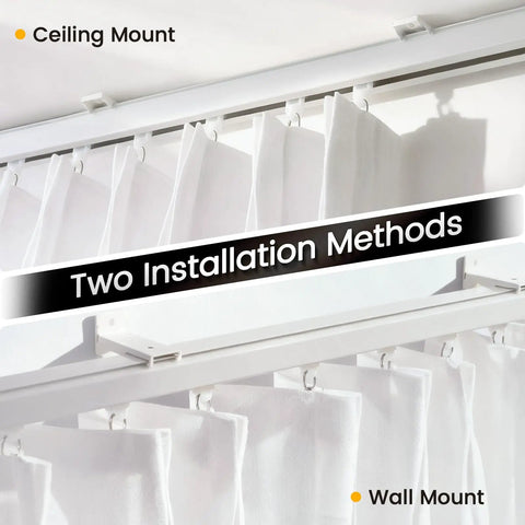 Beefy Heavy Duty Aluminum Curtain Track Kit For Ceiling Or Wall Mount White 9 To 12 Feet One Pack With Reinforced Brackets And Premium Aluminum Alloy Durable Glide Rail For Drapes Light Curtains And Room Dividers. Ceiling and wall mount track with curtains