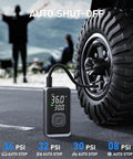 Cordless Portable Tire Inflator Mini Air Pump With Digital Pressure 150 PSI inflating car tire with auto shut off shown