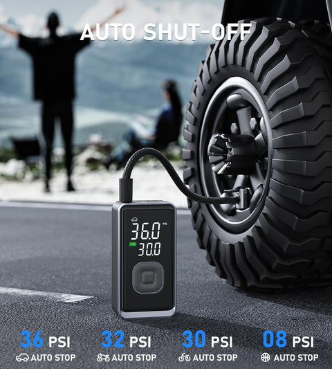 Cordless Portable Tire Inflator Mini Air Pump With Digital Pressure 150 PSI inflating car tire with auto shut off shown