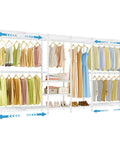Heavy Duty Expandable Clothes Rack And Wardrobe Closet Organizer With Adjustable Multi Tier Shelves showing colorful clothes and shoes.