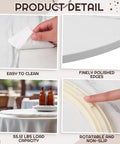Close-up of oversized 24 inch marble white wood lazy Susan showing cleaning, polished edges, and rotating base.