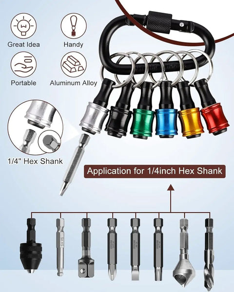 Six Piece One Quarter Inch Hex Shank Aluminum Bit Holder Set With Quick Change Extension Bar Keychain Drill Adapter shown with color-coded bit holders and carabiner.