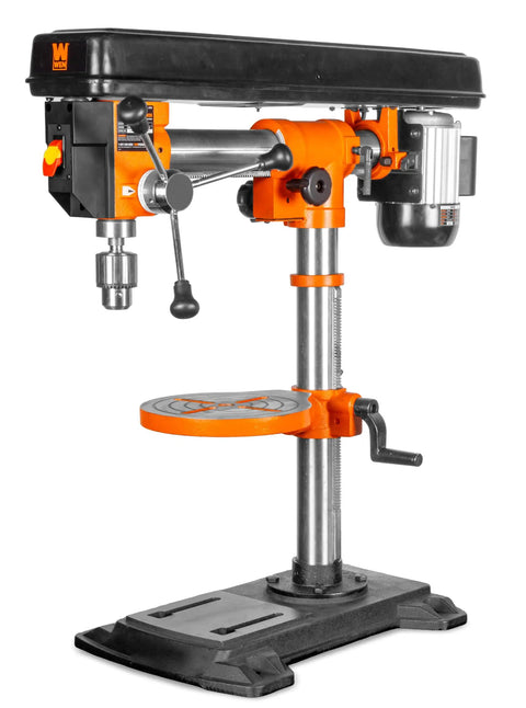 Six Point Two Amp Thirty Three Inch Radial Arm Drill Press For Benchtop Use With Five Speeds And Cast Iron Construction, sliding and swiveling head