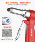 Pneumatic Rivet Gun Kit With Four Nosepieces 3/32 Inch 1/8 Inch 5/32 Inch And 3/16 Inch For Flexible Riveting In Metal Fabrication Automotive And Construction Projects Built For Real World Jobs Lightweight Durable And Easy To Use, red pneumatic rivet gun close-up with hardened jaws