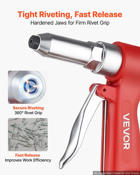 Pneumatic Rivet Gun Kit With Four Nosepieces 3/32 Inch 1/8 Inch 5/32 Inch And 3/16 Inch For Flexible Riveting In Metal Fabrication Automotive And Construction Projects Built For Real World Jobs Lightweight Durable And Easy To Use, red pneumatic rivet gun close-up with hardened jaws