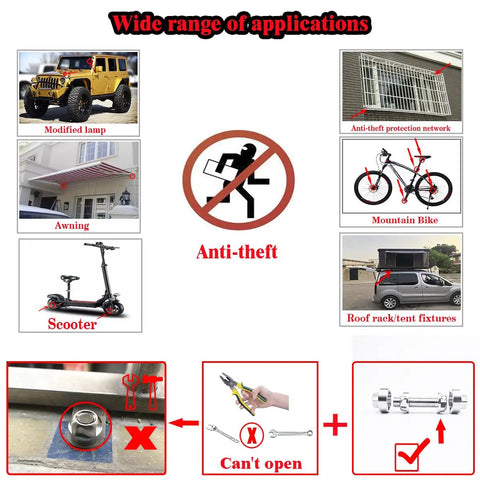 Anti-Theft Locking Nuts 5/16-18 Stainless Steel Security Kit With 4 Locks And 1 Key usage examples on various items
