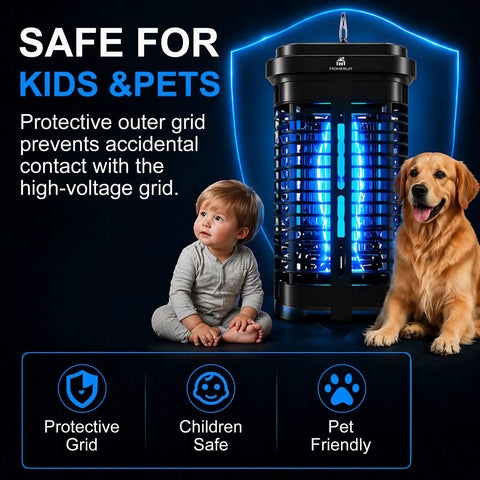 Outdoor Bug Zapper 20W High Powered 4000V Electric Mosquito Killer with child and dog, blue UV light, protective grid