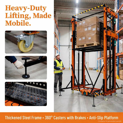 Heavy Duty Electric Scaffolding Lift Platform 1100 Lb Capacity 16.4 Ft Vertical Rise shown in warehouse with caster wheels.