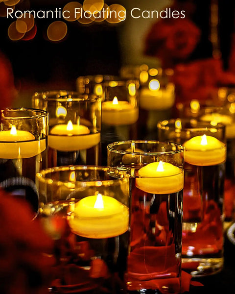 12 Pack LED Floating Candles 3 Inch Flameless Plastic Tea Lights in glass vases, warm white water-activated glow