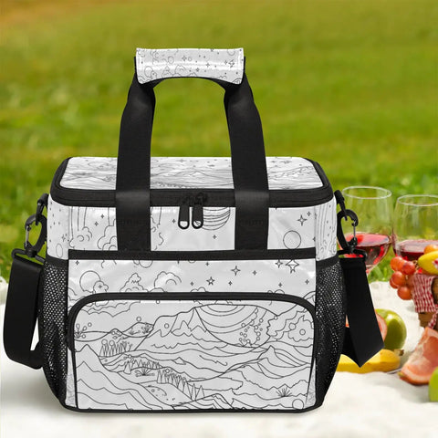 Insulated Picnic Backpack Lunch Bag For Everyday Adventures Large 12x9 Inch Tote with black handles on a picnic table