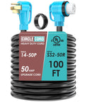Heavy Duty 50 Amp Rv Generator Cord 100 Ft Power Extension Cable With 14 To 50 Twist Lock Angled Plug showing NEMA connectors.