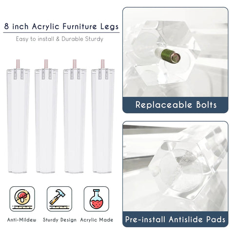 Acrylic Furniture Legs 8 Inch Hexagon Replacement Legs Set Of 4 with pre-installed anti-slide pads and replaceable bolts.
