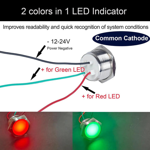 22mm Dual Color Metal LED Indicator Light Waterproof Common Cathode Red And Green With Wires 12V To 24V