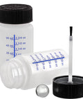 Six Pack 2 Ounce Empty Paint Touch Up Bottles With Brush Applicator And Mixing Marbles shown open with brush and marble