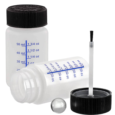 Six Pack 2 Ounce Empty Paint Touch Up Bottles With Brush Applicator And Mixing Marbles shown open with brush and marble
