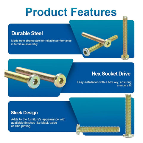 Flat Head Hex Socket Furniture Bolts M6 M8 in Color Zinc Steel Hexagon Cabinet Connector Fasteners on blue background