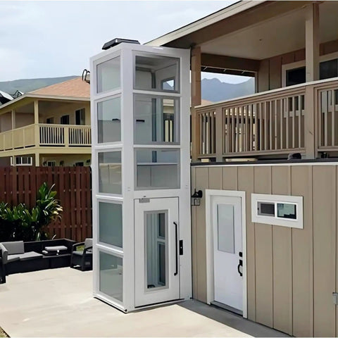 Through Ceiling Compact Home Elevator Shaftless Design For Space Saving Living With Zero Wall Damage Heritage Approved, Customizable Configurations For Homes Farms And Land Projects, Easy Install And Quiet Deck Lift For Modern Homes, white glass shaft beside patio