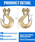 Two Pack 3/8 Inch Clevis Slip Hooks With Safety Latch Heavy Duty Drop Forged G70 Steel Grab Tools, showing detail and dimensions.