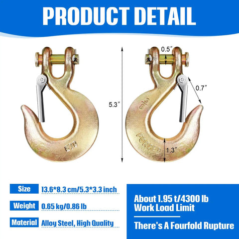 Two Pack 3/8 Inch Clevis Slip Hooks With Safety Latch Heavy Duty Drop Forged G70 Steel Grab Tools, showing detail and dimensions.